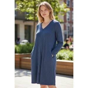 Soft Surroundings Knit Jersey Dress Cotton Blend Blue Pattern Pockets Large